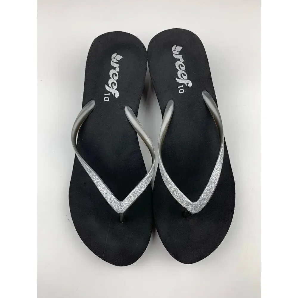 Reef Wedge Heel Flip Flops Sparkly Silver Thong Sandals Women's 10 Y2K
